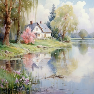 A sunlit cottage porch decorated with cozy cushions and potted plants overlooking a serene lake.