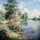 A serene lakeside scene with a charming cottage nestled among lush trees and vibrant flowers. The calm water reflects the blue sky and fluffy clouds. Pink flowers line a path leading towards the water, adding a splash of color to the verdant surroundings.
