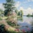 A serene lakeside scene with a charming cottage nestled among lush trees and vibrant flowers. The calm water reflects the blue sky and fluffy clouds. Pink flowers line a path leading towards the water, adding a splash of color to the verdant surroundings.