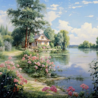 A serene lakeside scene with a charming cottage nestled among lush trees and vibrant flowers. The calm water reflects the blue sky and fluffy clouds. Pink flowers line a path leading towards the water, adding a splash of color to the verdant surroundings.