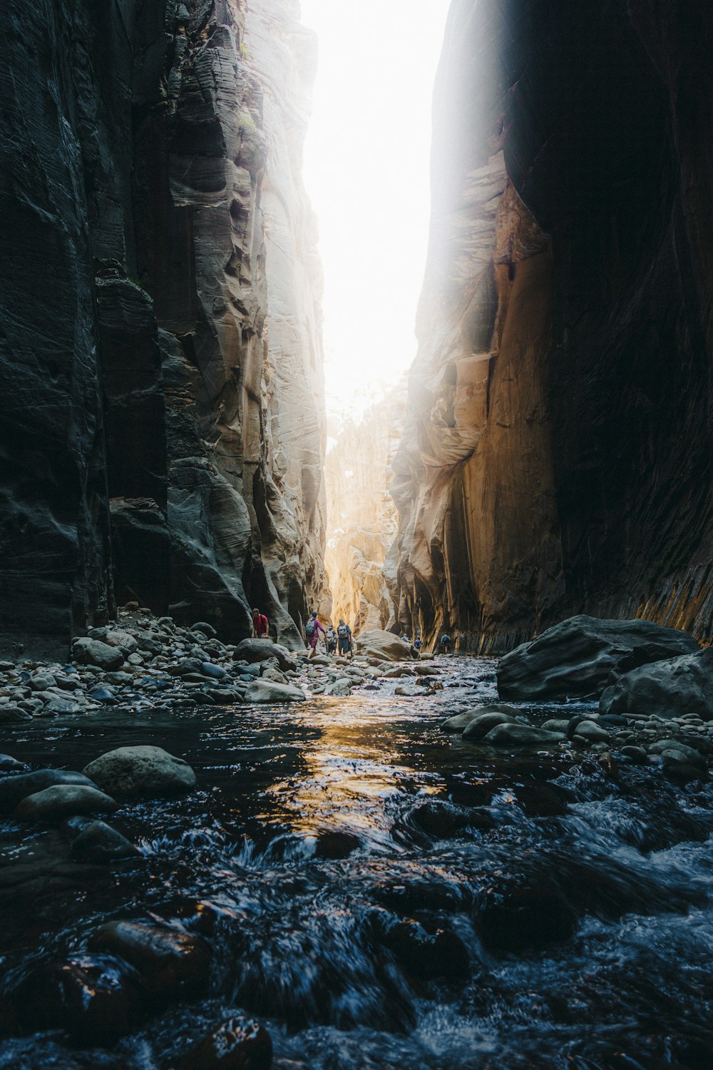 a narrow canyon with a river running through it