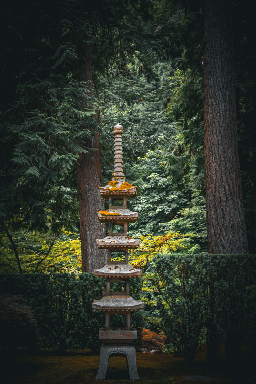 a stone tower in the middle of a forest