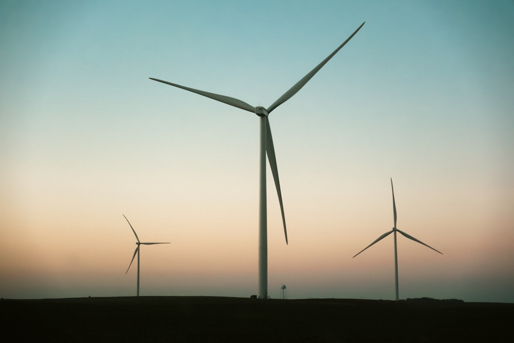 a group of wind turbines in a field