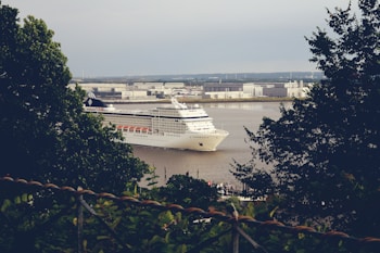 A large white cruise ship is sailing through a river or port, surrounded by industrial buildings and greenery. The ship is prominent in the center, with trees framing the view on both sides.