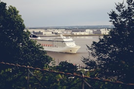 A large white cruise ship is sailing through a river or port, surrounded by industrial buildings and greenery. The ship is prominent in the center, with trees framing the view on both sides.