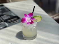 A cocktail garnished with a vibrant purple flower and a slice of lime is served in a glass with a sugared rim. The drink is placed on a sunny table with a softly blurred background, giving a refined and inviting appearance.