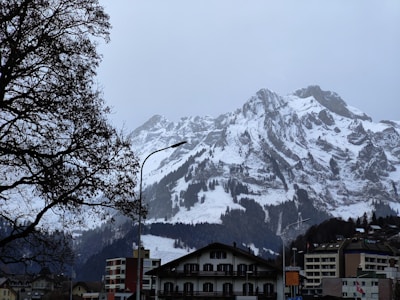 A snowy mountain range towers in the background with its peaks partially obscured by clouds. In the foreground, there are several buildings including a chalet-style house with a fenced balcony. Leafless trees frame the left edge, and an empty street runs through the middle.