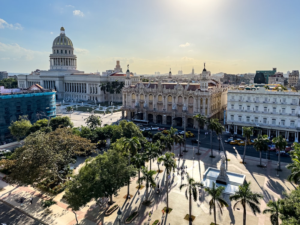 a view of a city with a large building in the background