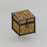 A small square wooden chest with metal reinforcements and a padlock on the front. The wood has a natural, rough texture and the metal parts appear aged and darkened.