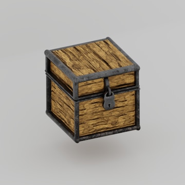 A small square wooden chest with metal reinforcements and a padlock on the front. The wood has a natural, rough texture and the metal parts appear aged and darkened.
