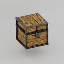 A small square wooden chest with metal reinforcements and a padlock on the front. The wood has a natural, rough texture and the metal parts appear aged and darkened.