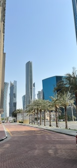 A modern cityscape features tall, sleek skyscrapers with glass facades under a clear blue sky. Palm trees line the edge of a brick-paved street, indicating a warm climate. The architecture is contemporary with varied and unique designs, showing a blend of geometric shapes.