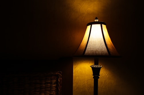 A warmly lit table lamp with a fabric shade casts a soft glow against a textured wall. The lamp's base is dark-colored, adding contrast to its soft light.