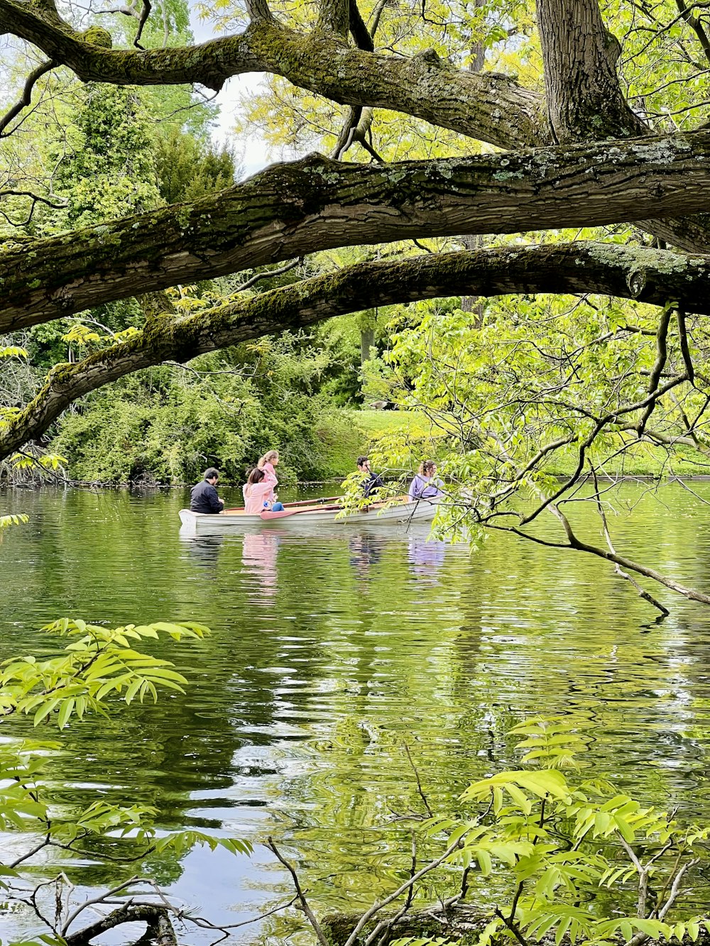 a group of people in a canoe on a lake