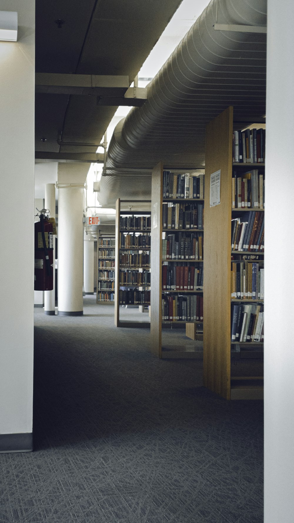 Une bibliothèque remplie de nombreux livres à côté de grands piliers blancs