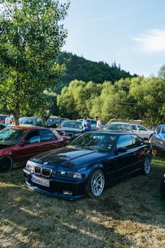 A gathering of cars parked on grass, surrounded by lush green trees and a hill in the background. The focus is on a dark blue BMW with custom wheels, standing out among other vehicles. A few people are seen mingling near the cars under a clear blue sky.