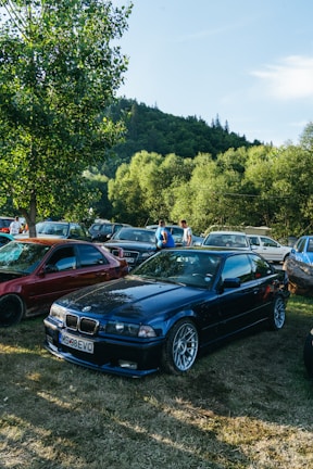 A gathering of cars parked on grass, surrounded by lush green trees and a hill in the background. The focus is on a dark blue BMW with custom wheels, standing out among other vehicles. A few people are seen mingling near the cars under a clear blue sky.