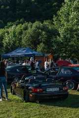 A group of people gather around various cars parked on a grassy area with a forested backdrop. A black convertible with a visible license plate is prominently displayed in the foreground. The event appears to be a casual car meet, with a canopy tent visible in the background providing shade.