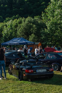 A group of people gather around various cars parked on a grassy area with a forested backdrop. A black convertible with a visible license plate is prominently displayed in the foreground. The event appears to be a casual car meet, with a canopy tent visible in the background providing shade.