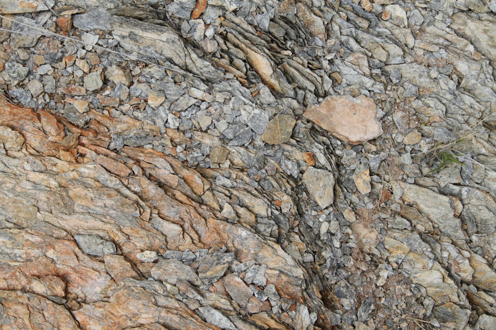 a close up of a rock wall with rocks and grass