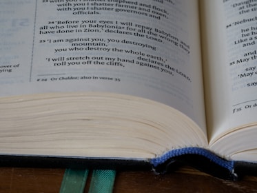An open book featuring text predominantly in English. The focus is on the text, with visible page numbers and footnotes. A green ribbon bookmark is partially visible at the bottom, and the pages appear slightly curved.
