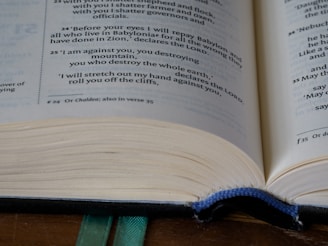 An open book featuring text predominantly in English. The focus is on the text, with visible page numbers and footnotes. A green ribbon bookmark is partially visible at the bottom, and the pages appear slightly curved.