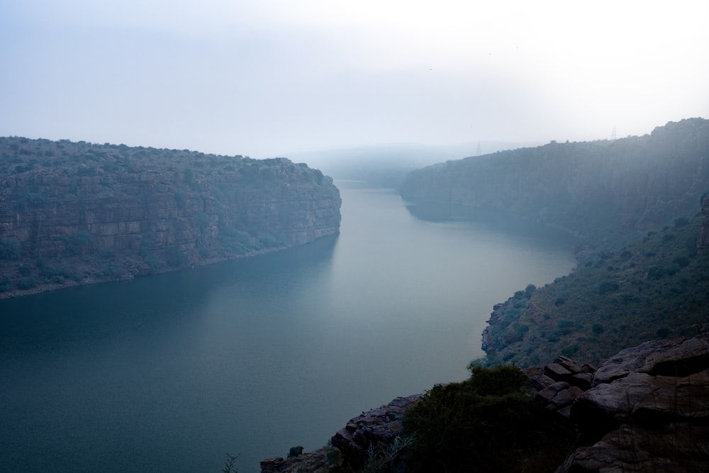 a large body of water surrounded by mountains