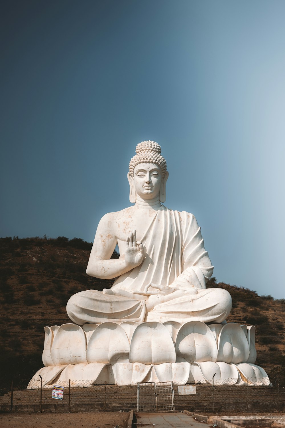 a large white buddha statue sitting on top of a hill