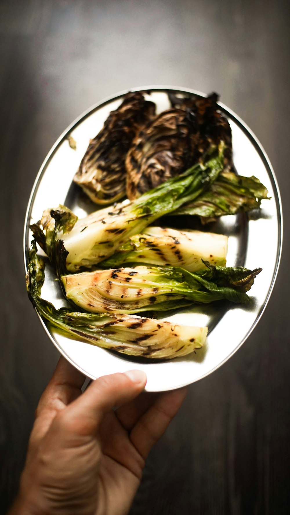a person holding a plate of grilled vegetables