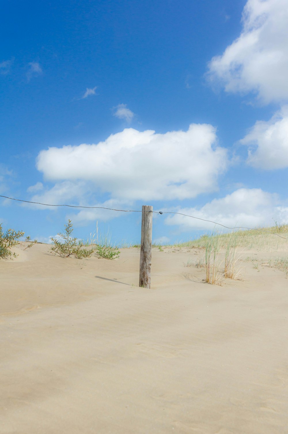 a wooden post in the middle of a sandy field