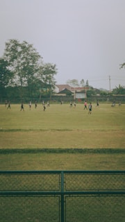 People enjoying a friendly game of soccer on the lush green field surrounded by trees.