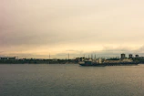 Wide shot of multiple large vessels anchored near an industrial harbor at dawn.