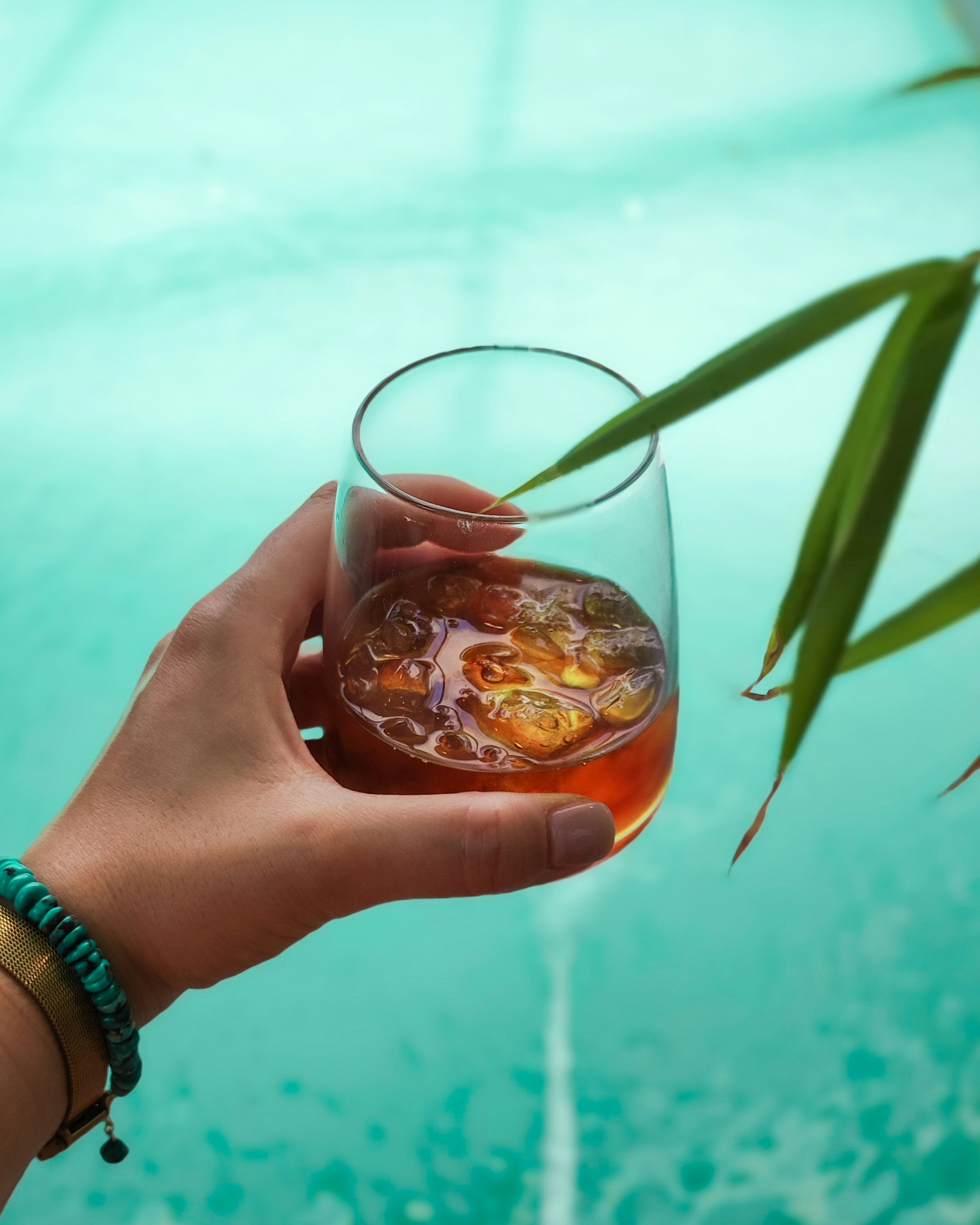 a person holding a wine glass with a drink in it