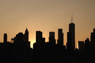 A sleek city skyline at sunset highlighting residential, commercial, and industrial buildings under a clear sky.