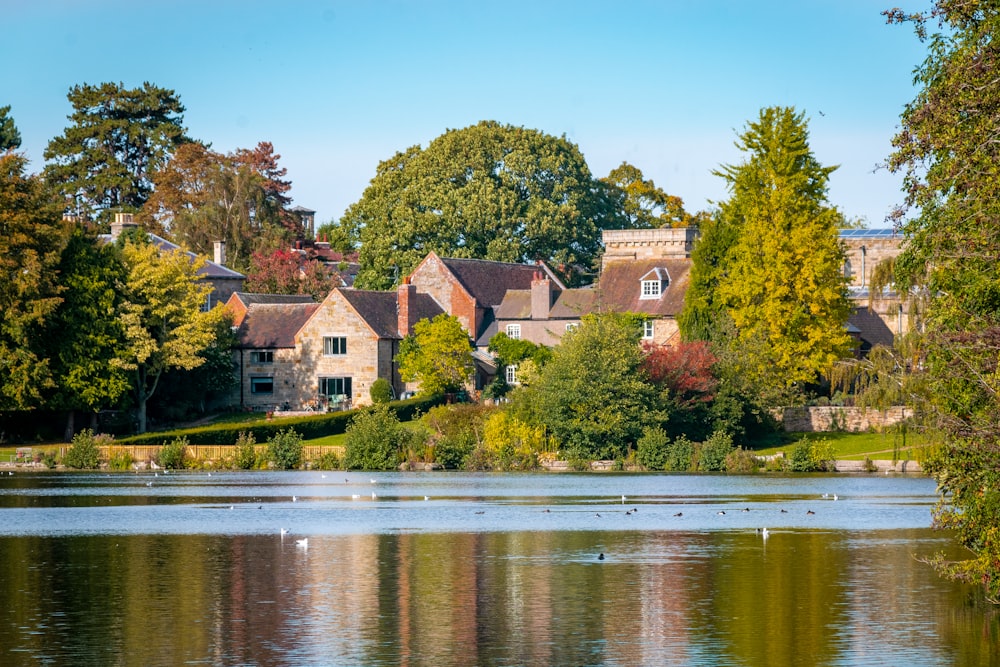 a lake with a house in the background