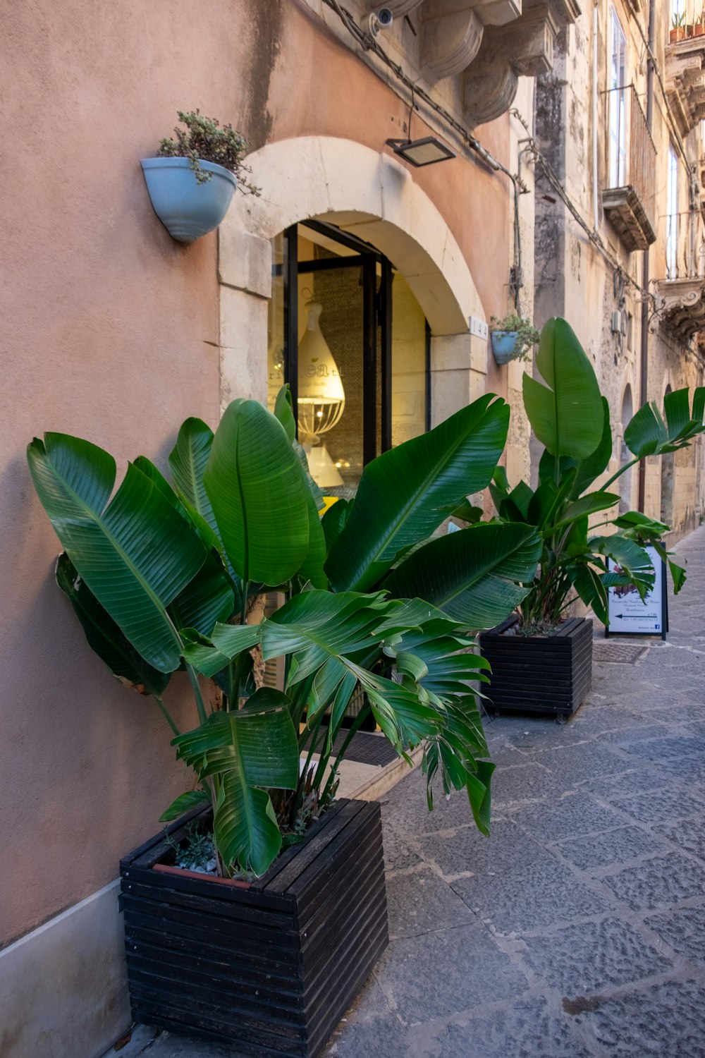 a couple of planters sitting on the side of a building