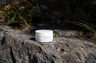 A white container labeled 'Plantadea Bio Crema Viso' sits on a rugged, sunlit rock surface surrounded by small patches of green foliage and dried grass. The scene conveys a sense of natural beauty and simplicity.