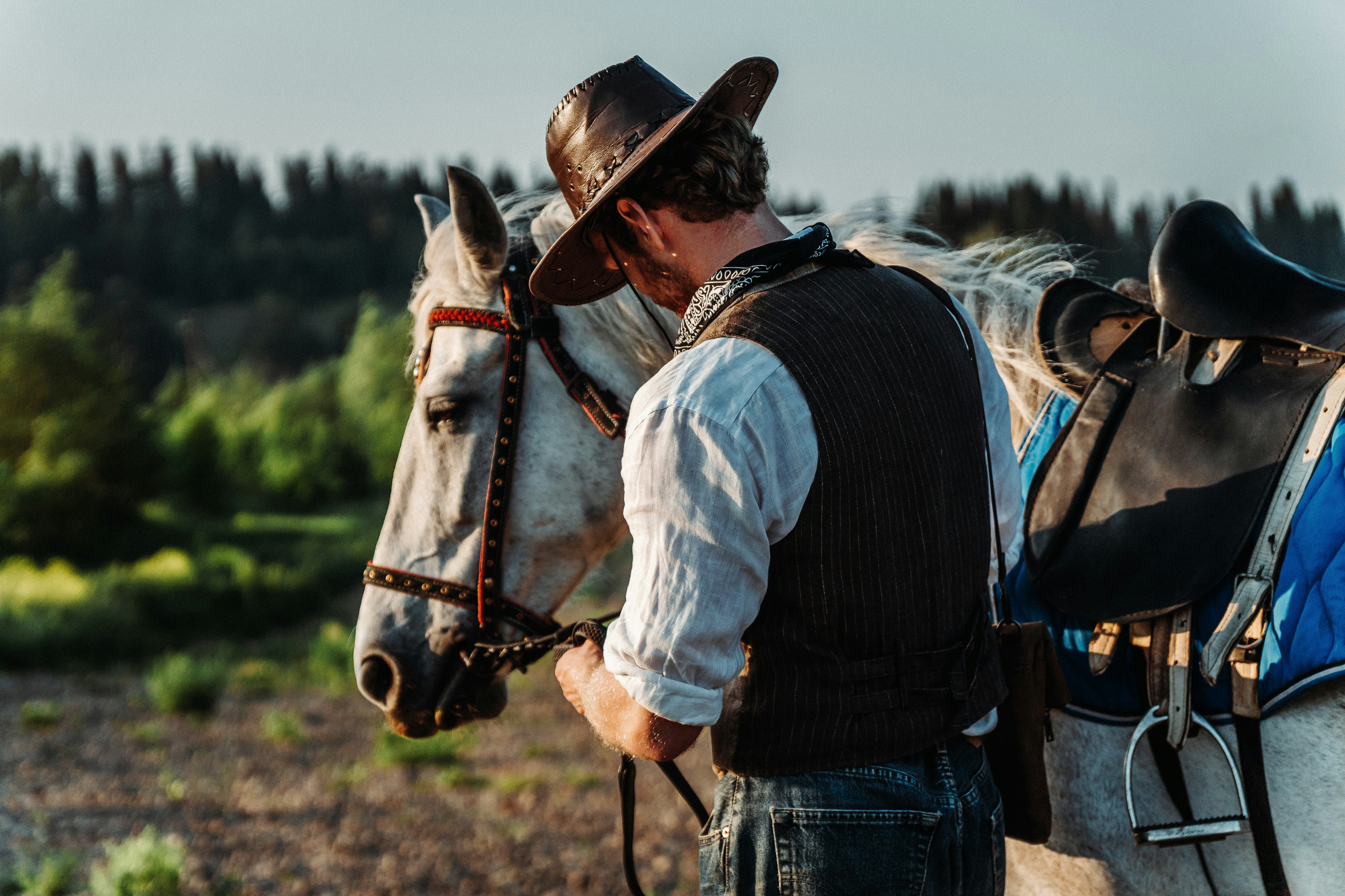 a man in a cowboy hat is standing next to a horse