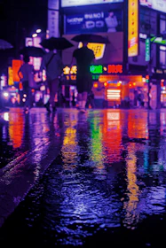 An urban street scene at dusk with vibrant neon signs reflecting on wet pavement.