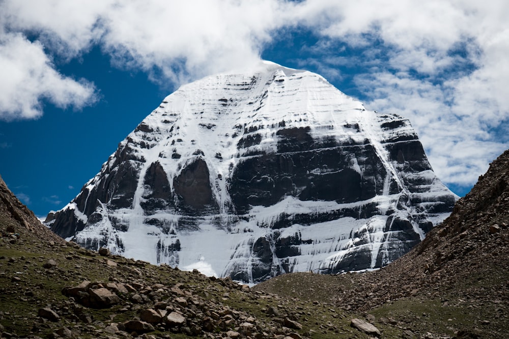 a large snow covered mountain with a sky background