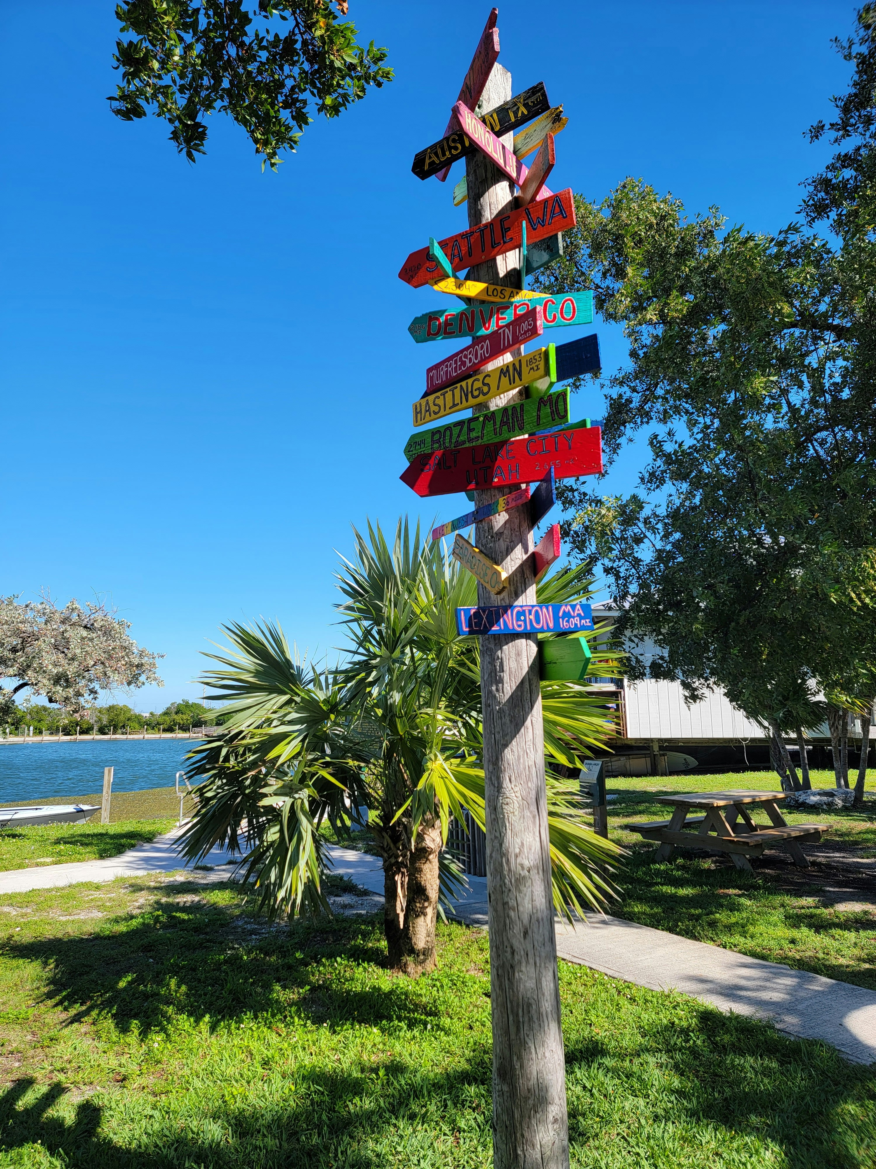 a pole with a bunch of colorful signs on it