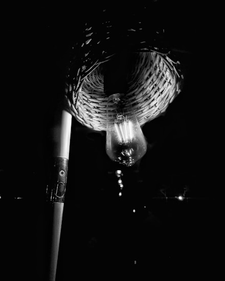 A black and white image featuring a lit light bulb surrounded by a woven basket-like structure. The light bulb is the focal point, emitting a soft glow amidst the darkness. A long, narrow object, possibly a rod or pole, is visible next to the bulb. The background is mostly dark, highlighting the light source.