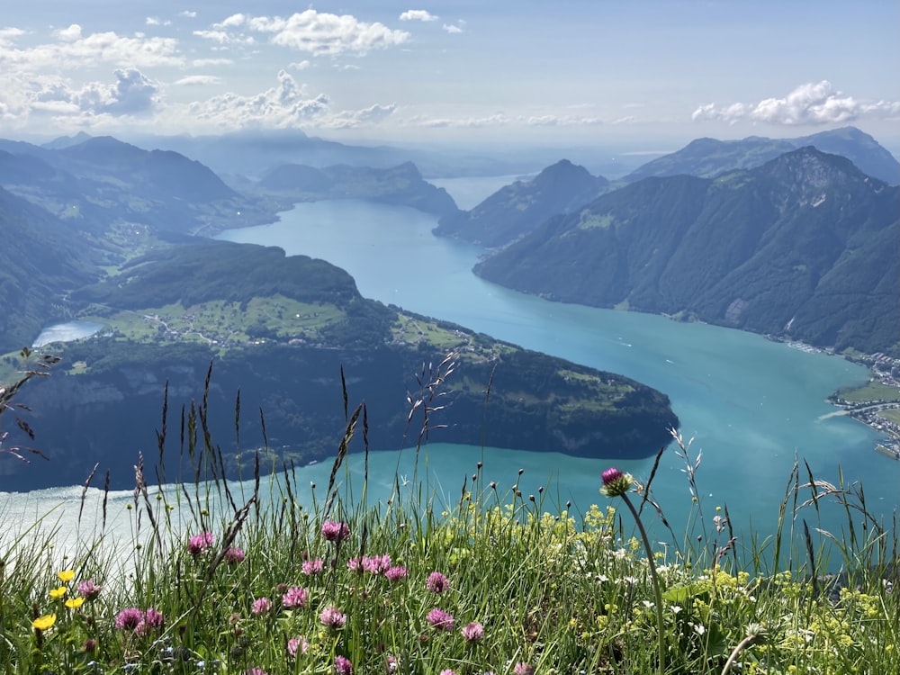 a scenic view of a lake surrounded by mountains