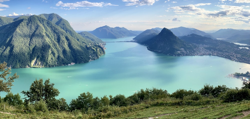 a scenic view of a lake surrounded by mountains