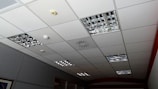 A grid-patterned ceiling with integrated metallic light fixtures, a smoke detector, and ventilation system. The ceiling panels are predominantly white, and the light fixtures consist of mirrored grids. Some ceiling tiles appear slightly darker due to shadowing.