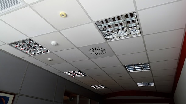 A grid-patterned ceiling with integrated metallic light fixtures, a smoke detector, and ventilation system. The ceiling panels are predominantly white, and the light fixtures consist of mirrored grids. Some ceiling tiles appear slightly darker due to shadowing.