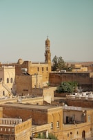 A historic cityscape featuring traditional Middle Eastern architecture with sandstone buildings, domes, and a prominent tower with intricate carvings. The foreground is filled with flat rooftops, satellite dishes, and a few trees, while the background reveals a vast, open landscape under a clear sky.