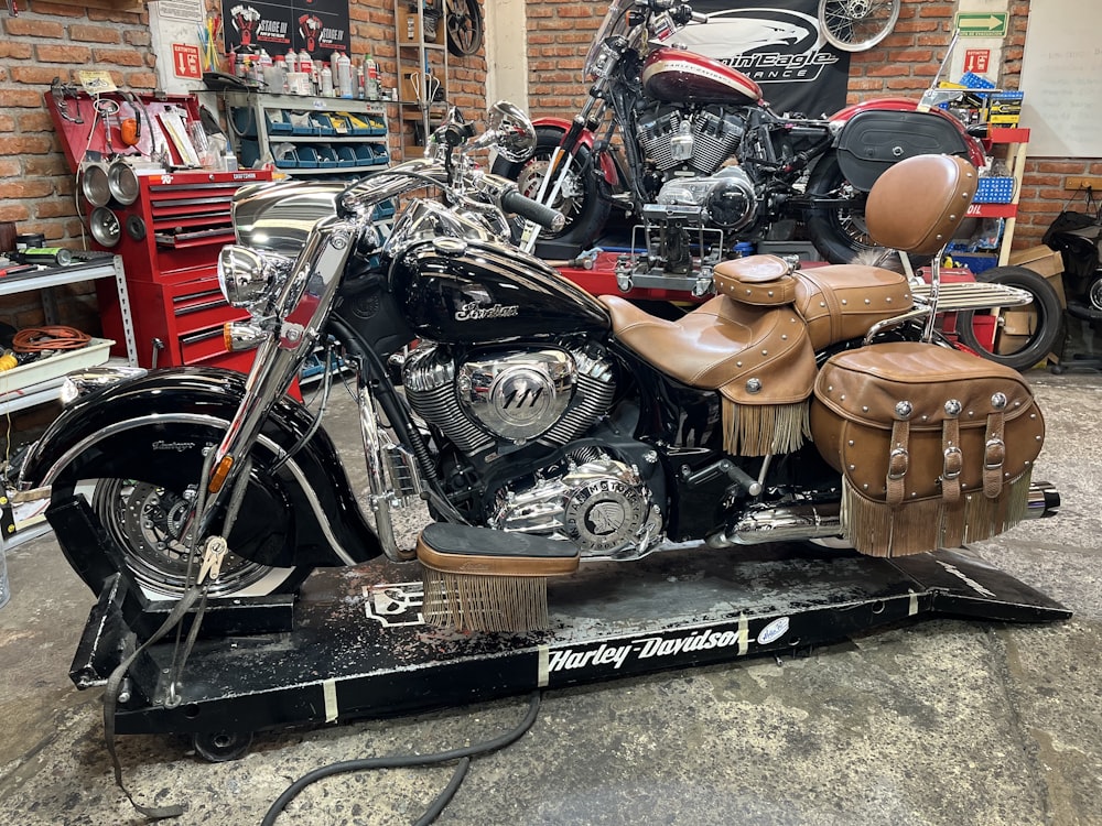 a motorcycle is being worked on in a garage