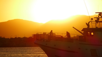 Sunset view from a yacht’s upper deck with silhouettes of passengers enjoying the moment