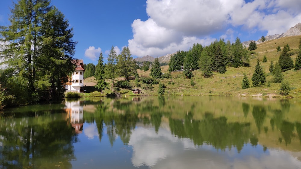 a lake surrounded by trees with a house in the background